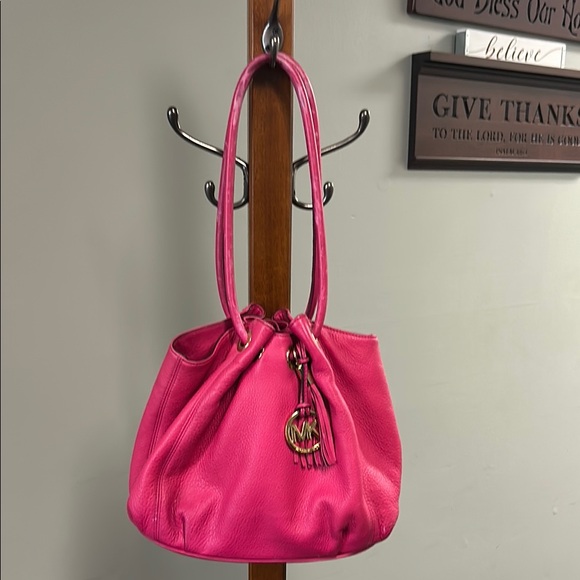 Michael Kors Handbags - Michael Kors Hot Pink Leather Drawstring Shoulder Tote